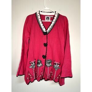 1990s Storybook Knits Valentines Day Hearts Floral Gingham Coquette Cardigan L